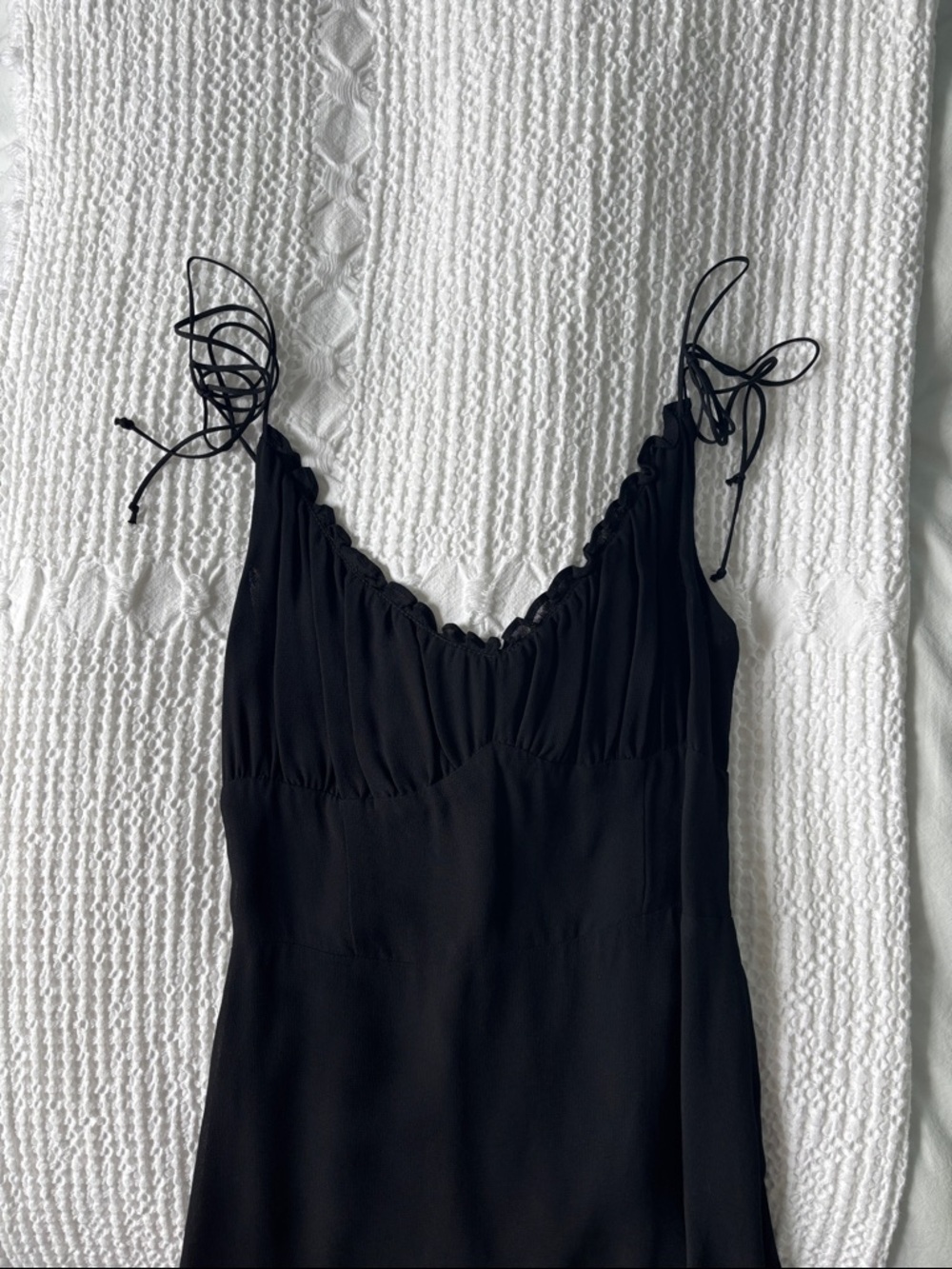 Reformation Black Mini Dress with Ruffle Trim and Tie Shoulders